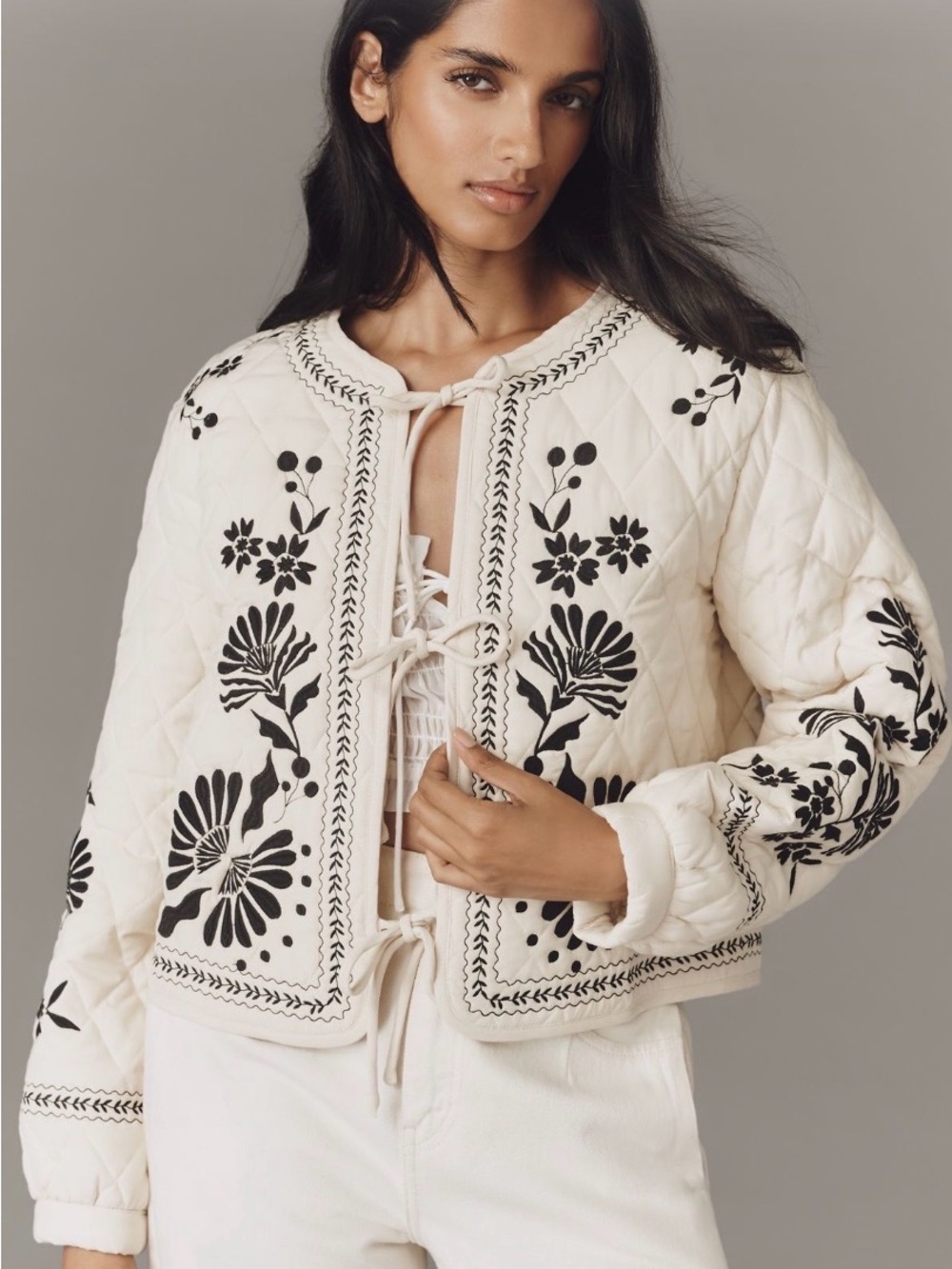 Anthropologie Embroidered Quilted Cream Jacket with Black Floral Motif